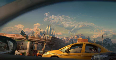 HD desktop wallpaper featuring a fantastical Chinese dragon forming from clouds above a bustling cityscape with a prominent yellow taxi.