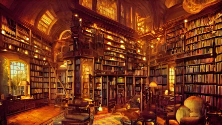 A stunning HD PC desktop wallpaper of a fantasy library filled with towering bookshelves and warm, golden lighting, created with AI art techniques.