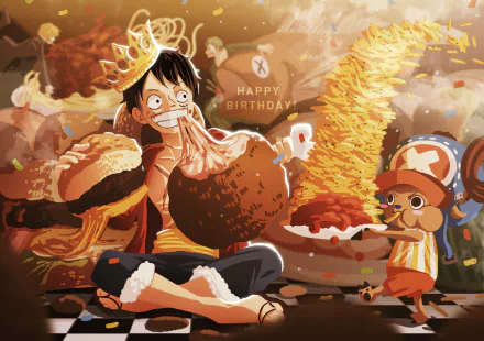 HD PC desktop wallpaper featuring Monkey D. Luffy and Tony Tony Chopper from the anime One Piece enjoying a festive feast with a Happy Birthday message.