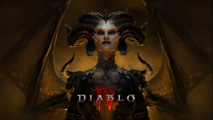 HD desktop wallpaper for Diablo IV featuring a menacing character with horned headgear and the game's logo prominently displayed.