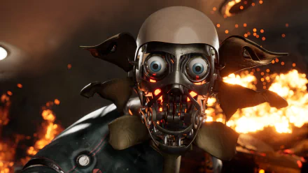 HD desktop wallpaper featuring a robotic character from Atomic Heart with a dramatic fiery background.
