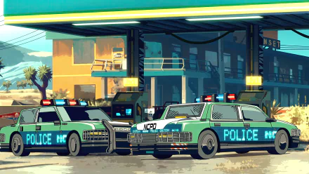 8K Ultra HD anime-style cyberpunk scene from Edgerunners featuring two vintage police cars parked under a gas station canopy in a futuristic cityscape.