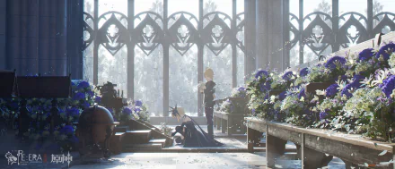 Aether and Lumine from Genshin Impact are seen in a beautifully decorated room with sunlight streaming through arched windows, surrounded by flowers. This HD desktop wallpaper showcases a serene and enchanting scene.
