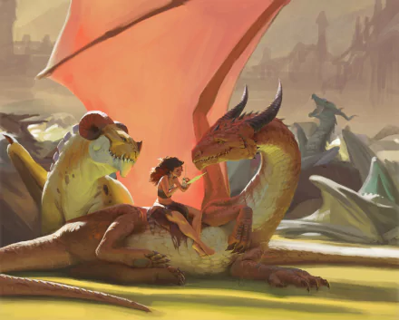 A fantasy scene of a young warrior woman sitting on a large dragon, offering a glowing object, set in a dramatic landscape, rendered in 4K Ultra HD for PC desktop wallpaper.