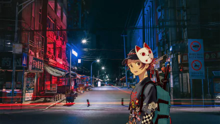 HD PC desktop wallpaper featuring Tanjiro Kamado from Demon Slayer: Kimetsu no Yaiba, standing in a neon-lit urban street at night with vibrant red and blue lighting.