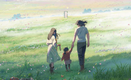 HD anime desktop wallpaper from Suzume no Tojimari, featuring three characters walking hand in hand through a sunlit, flower-filled meadow.