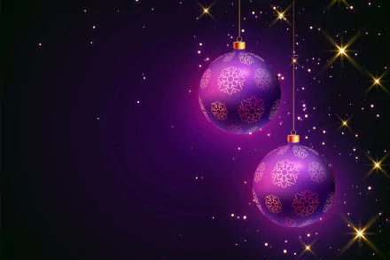 A 4K Ultra HD PC desktop wallpaper featuring two purple Christmas baubles with snowflake patterns against a dark, starry holiday background.