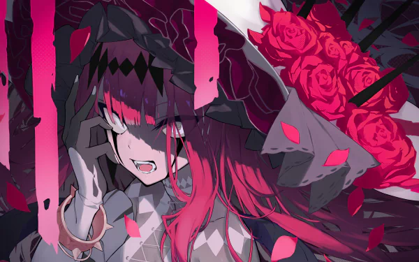 HD anime desktop wallpaper featuring Yousei-kishi Tristan from Fate/Grand Order with vibrant pink and black tones and rose petals accentuating the dynamic scene.