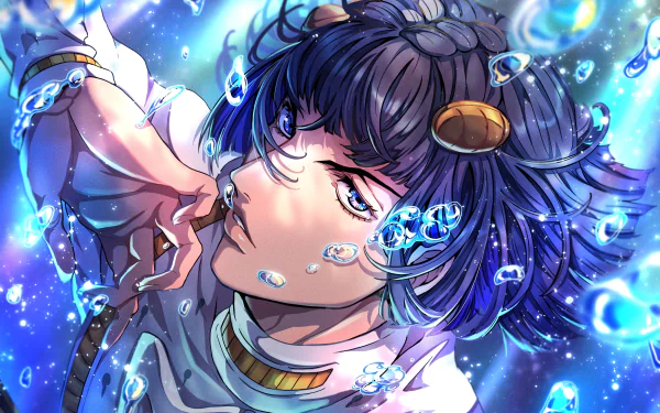Bruno Bucciarati from JoJo's Bizarre Adventure: Golden Wind — anime 2K Quad HD PC desktop wallpaper: close-up portrait with flowing blue hair, glowing water droplets and dramatic lighting.