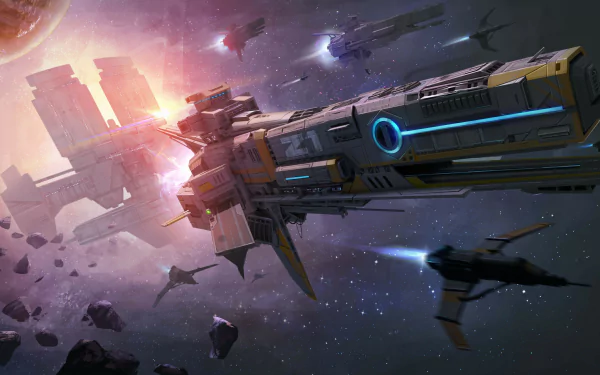 A detailed sci-fi spaceship navigating through an asteroid field in a vibrant cosmic scene, rendered in 4K Ultra HD for PC desktop wallpaper and background.