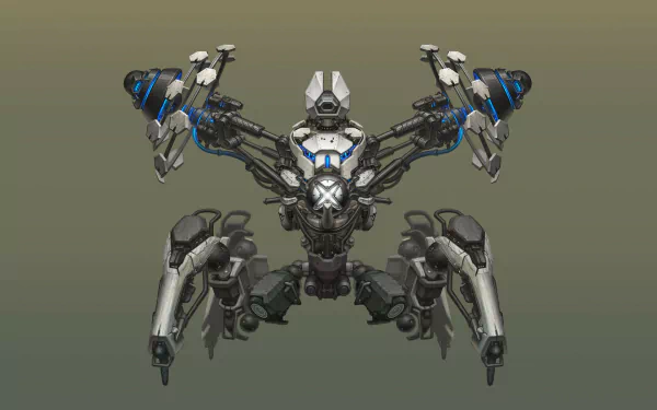 HD desktop wallpaper featuring a futuristic mech robot with multiple limbs and advanced weaponry, set against a muted gray background.