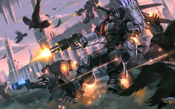 HD PC desktop wallpaper featuring an intense Warhammer 40k battle scene with armored soldiers firing weapons amid crows and a dramatic sky.