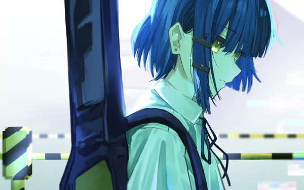4K Ultra HD PC wallpaper: Ryou Yamada anime art of Bocchi the Rock! - blue‑haired girl with a guitar case, melancholic side profile at a sunlit station.