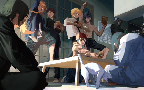 Anime-style 8K Ultra HD Chainsaw Man wallpaper featuring dynamic characters gathered in a room, some wearing baseball gloves, with a white cat nearby.