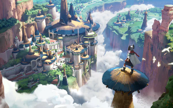 HD wallpaper of a fantasy city perched on cliffs amidst clouds, with a character standing on a high vantage point overlooking the cityscape.