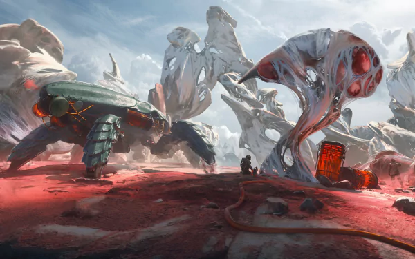 HD desktop wallpaper featuring a sci-fi landscape with futuristic vehicles and alien structures on a vibrant red terrain under a cloudy sky.