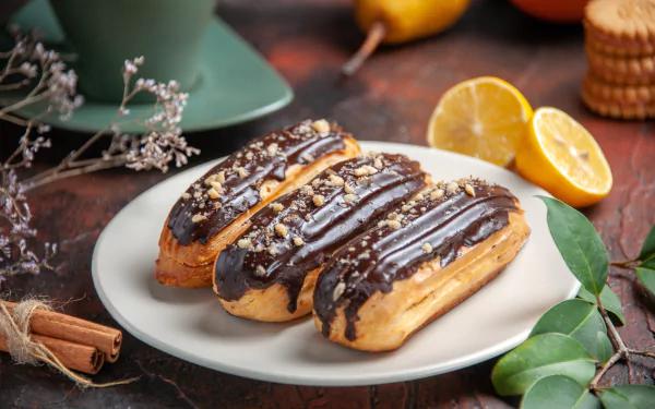 A close-up of three chocolate-glazed éclairs on a white plate with lemon halves and cinnamon sticks in the background, captured in 4K Ultra HD.