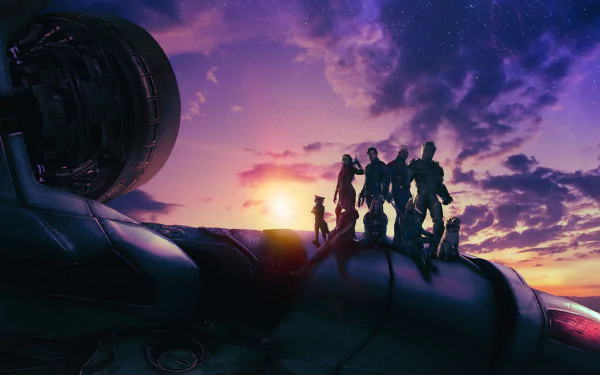 4K Ultra HD PC desktop wallpaper featuring the Guardians of the Galaxy Vol. 3 cast silhouetted against a vibrant sunset sky in a cosmic landscape.