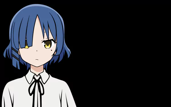 Ryou Yamada from Bocchi the Rock! in a 4K Ultra HD anime-style wallpaper with blue hair and a white blouse against a black background.