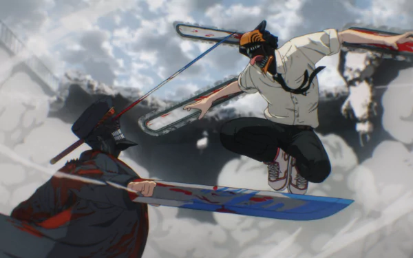 HD PC desktop wallpaper of Chainsaw Man anime: Denji leaps with blade arms to clash with Katana Man against a snowy, dramatic sky.