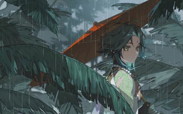 HD desktop wallpaper featuring Xiao from Genshin Impact, depicted in a rainy scene with traditional architecture in the background.