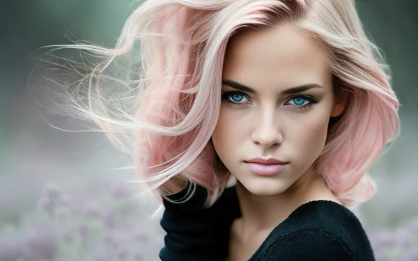 Close-up of a woman model with pink hair and piercing blue eyes, captured in stunning 4K Ultra HD for a sharp and vibrant PC desktop wallpaper.
