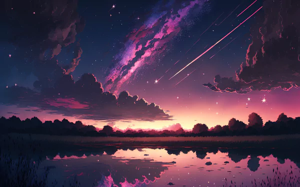 Anime-style HD desktop wallpaper featuring a vibrant sunset sky blending into a starry night with shooting stars reflected on a calm water surface.