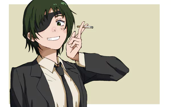 Himeno from Chainsaw Man in a black suit, holding a cigarette and smiling against a plain background, created as a 4K Ultra HD anime PC wallpaper.