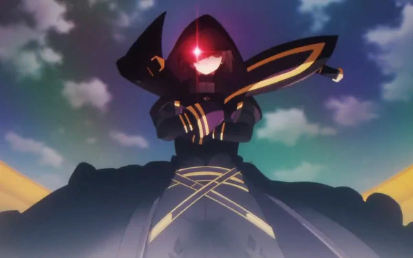 HD PC desktop wallpaper featuring Cid Kagenou from the anime The Eminence in Shadow, showcasing his dark, shadowy figure with a glowing red eye against a dramatic sky.