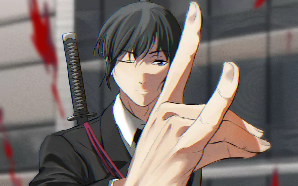 Aki Hayakawa from Chainsaw Man in 4K Ultra HD PC desktop wallpaper: stern, suit-clad figure with katana on his back, hand extended toward viewer amid a blood-splattered background.
