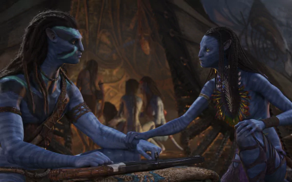 HD desktop wallpaper featuring characters from Avatar: The Way of Water, with two Na'vi holding hands in a detailed setting.