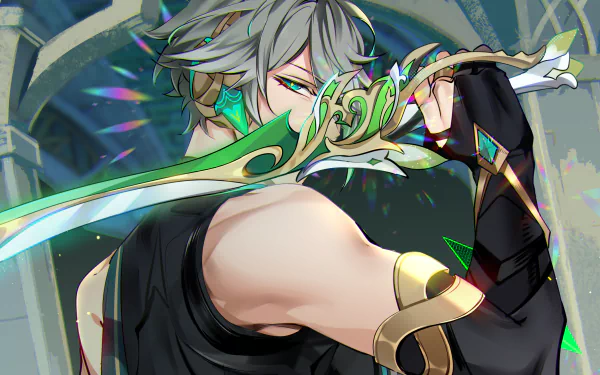 HD PC desktop wallpaper featuring Al-Haitham from the video game Genshin Impact, showcasing the character with a glowing sword in a dynamic pose.