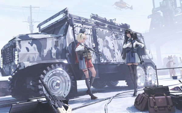 Takina Inoue and Chisato Nishikigi from Lycoris Recoil stand near a camouflaged military vehicle in a snowy anime scene, rendered in 4K Ultra HD for PC desktop background.