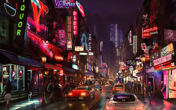 A vibrant Cyberpunk 2077-inspired neon-lit street crowded with people and cars, captured in stunning 4K Ultra HD for PC desktop wallpaper background.