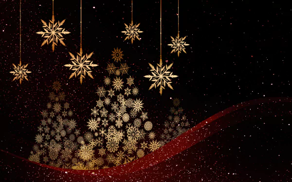 4K Ultra HD Christmas holiday wallpaper featuring golden snowflake trees and hanging stars against a dark, sparkling background with a flowing red ribbon.