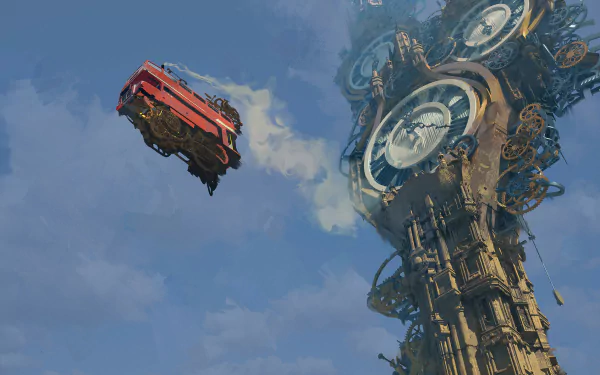 A futuristic steampunk cityscape in high-definition, perfect for a desktop wallpaper background.
