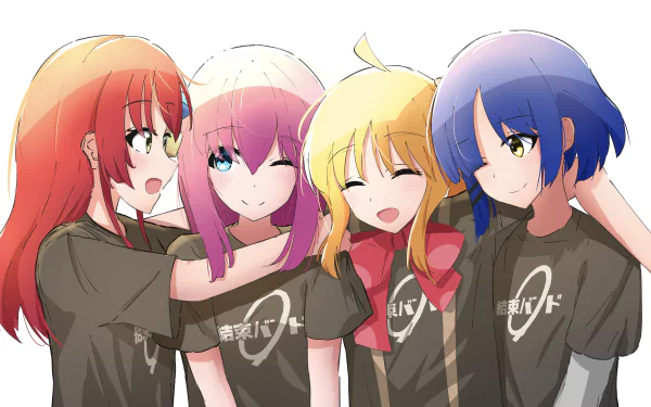 Anime characters Ryou Yamada, Nijika Ijichi, Hitori Gotou, and Ikuyo Kita from Bocchi the Rock! pose together in an 8K Ultra HD PC desktop wallpaper.