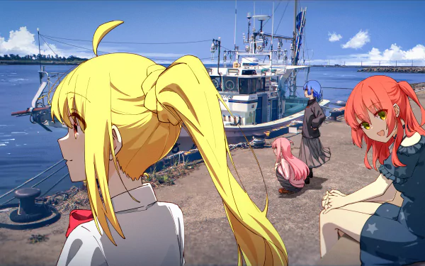 4K Ultra HD anime wallpaper featuring Ikuyo Kita, Ryou Yamada, Hitori Gotou, and Nijika Ijichi from Bocchi the Rock! by a harbor with ships and a clear sky.