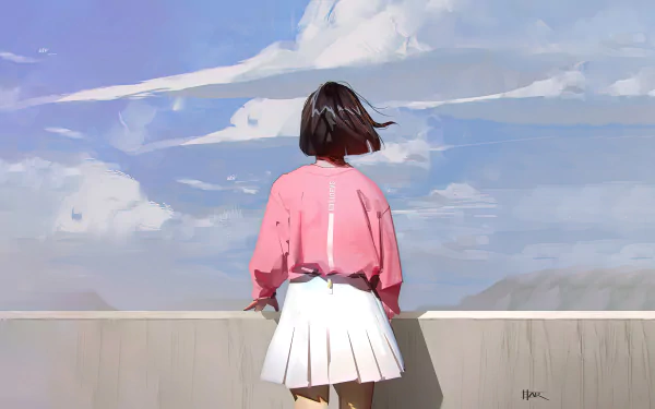 Anime girl with short dark hair wearing a pink jacket and white skirt stands against a railing under a bright blue sky, detailed in 8K Ultra HD for PC desktop wallpaper.