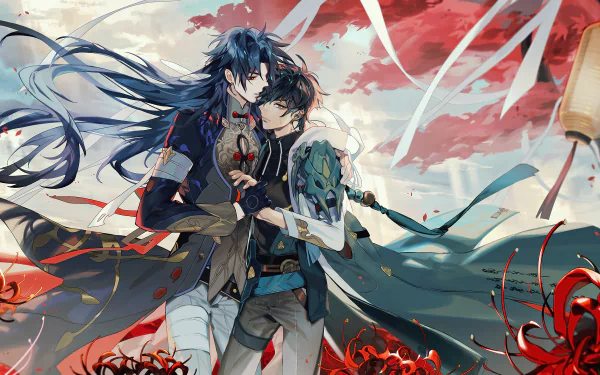 HD PC desktop wallpaper featuring Blade and Dan Heng from the video game Honkai: Star Rail in a dynamic, stylized scene with flowing robes and red floral accents.