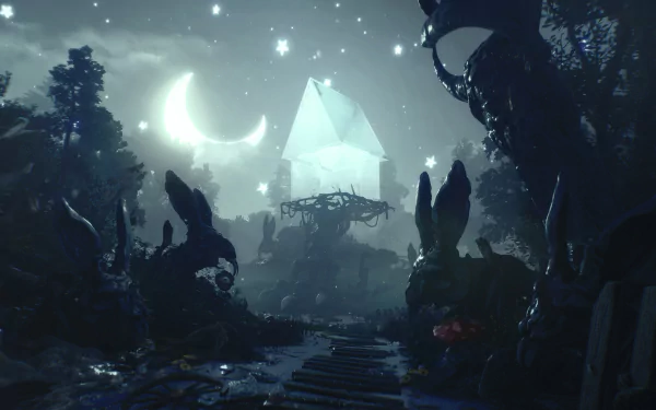 HD fantasy landscape wallpaper with a mystical forest and crescent moons tagged as Blacktail for desktop background.