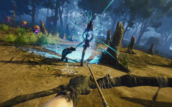 HD wallpaper of a first-person view in the Blacktail game with mystical archery combat in an enchanted forest setting.