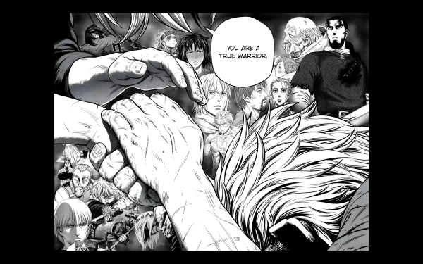 Black-and-white 8K Ultra HD anime wallpaper featuring Thors, Bjorn, Thorkell, Askeladd, and Thorfinn from Vinland Saga with the quote You are a true warrior.