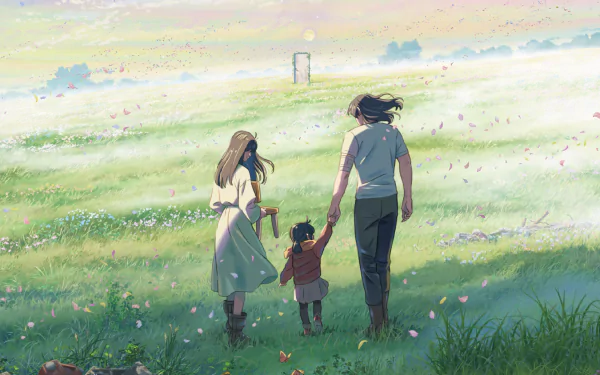 HD anime desktop wallpaper from Suzume no Tojimari, featuring three characters walking hand in hand through a sunlit, flower-filled meadow.