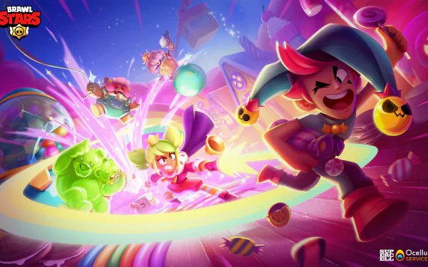A vibrant Brawl Stars themed HD desktop wallpaper showcasing colorful characters and dynamic scenery, perfect for gamers.