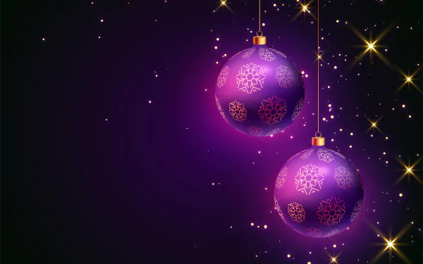 A 4K Ultra HD PC desktop wallpaper featuring two purple Christmas baubles with snowflake patterns against a dark, starry holiday background.