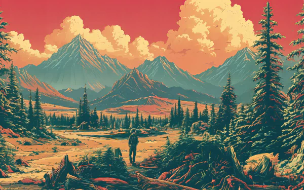 Artistic 8K Ultra HD landscape wallpaper featuring a lone figure overlooking a vibrant mountain range under a dramatic orange sky.