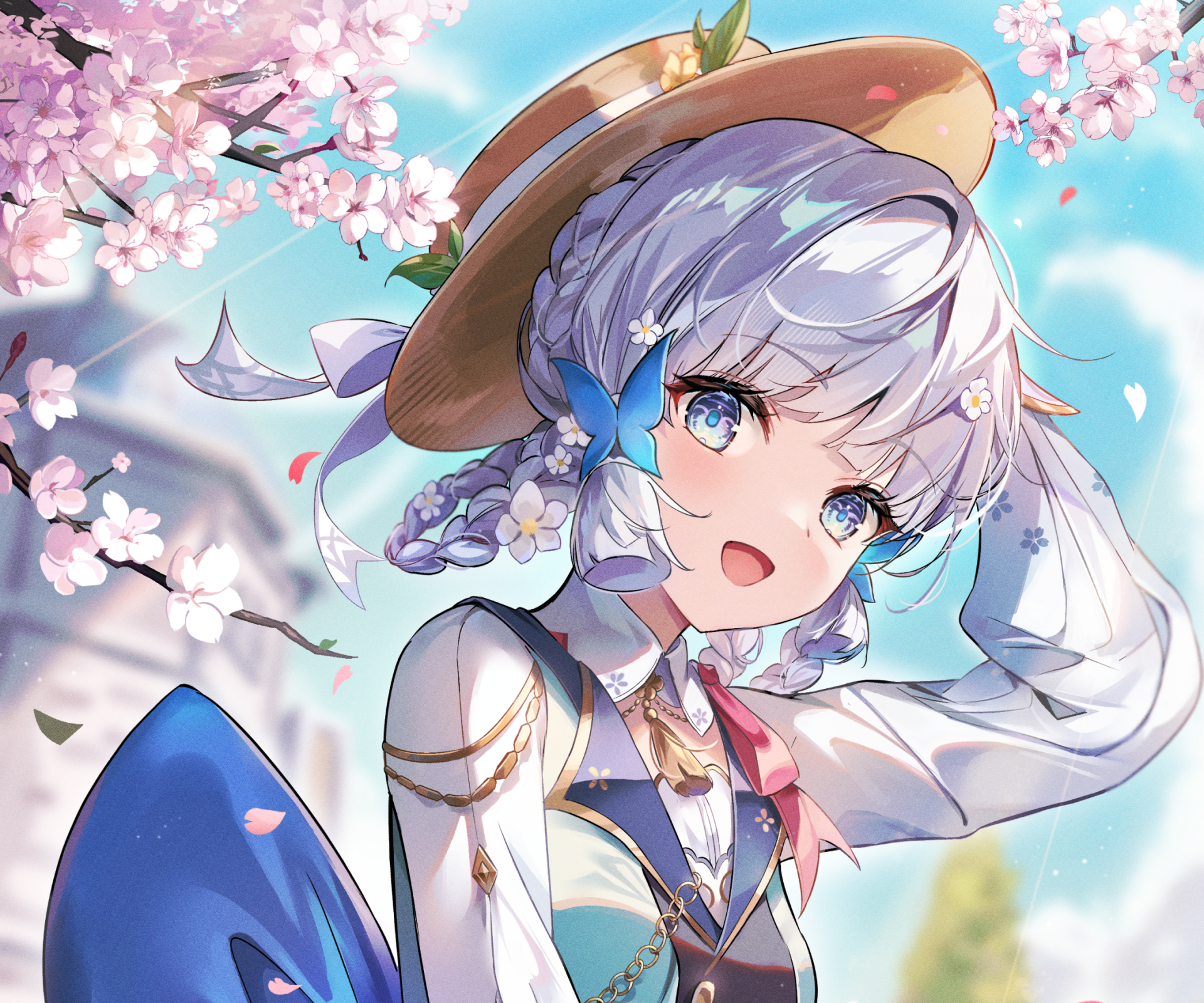 HD PC desktop wallpaper featuring Kamisato Ayaka from the video game Genshin Impact, surrounded by cherry blossoms and a bright blue sky.