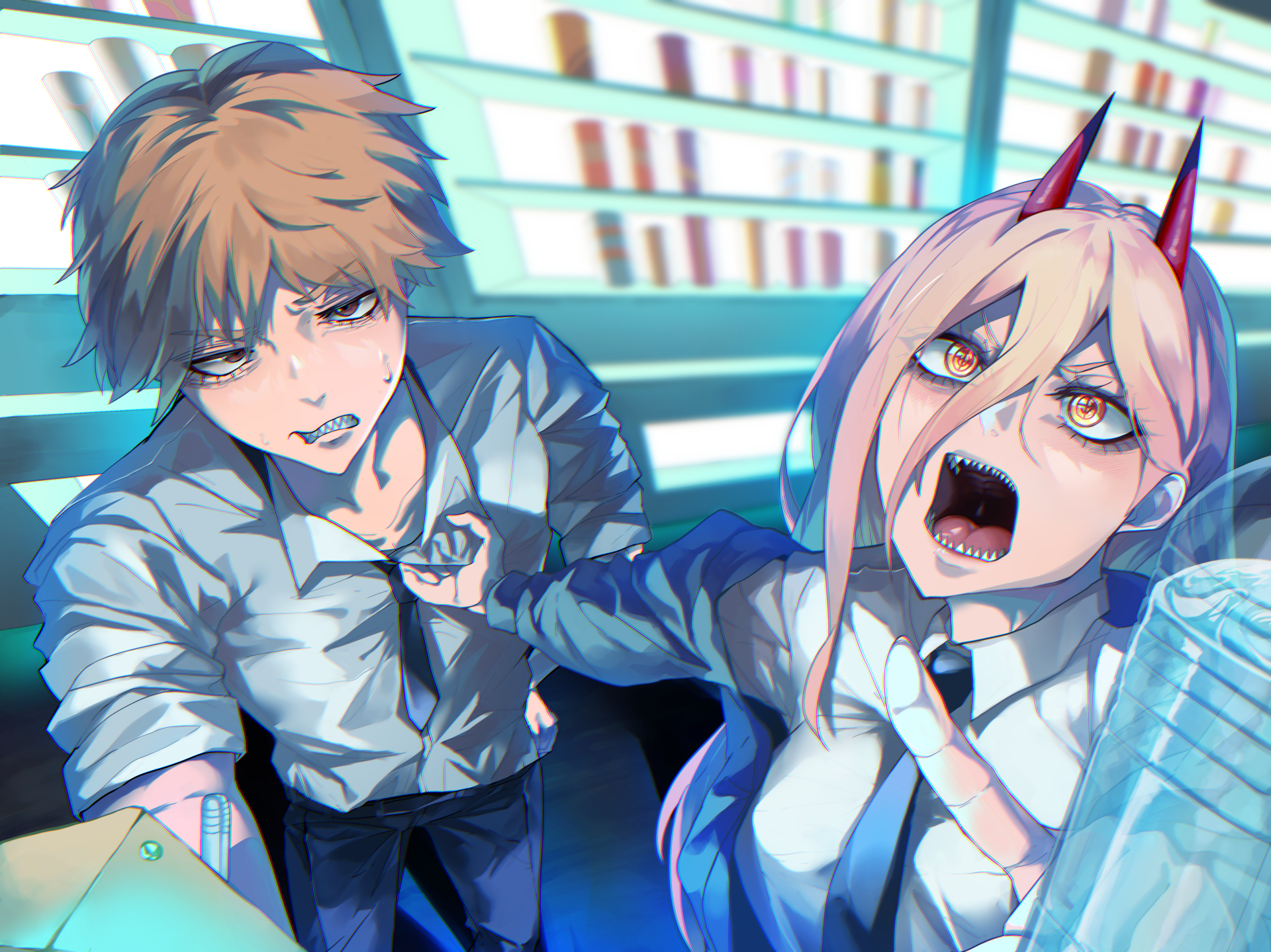 4K Ultra HD anime wallpaper featuring Denji and Power from Chainsaw Man, set in a dynamic, vibrant scene with intense expressions and detailed backgrounds.