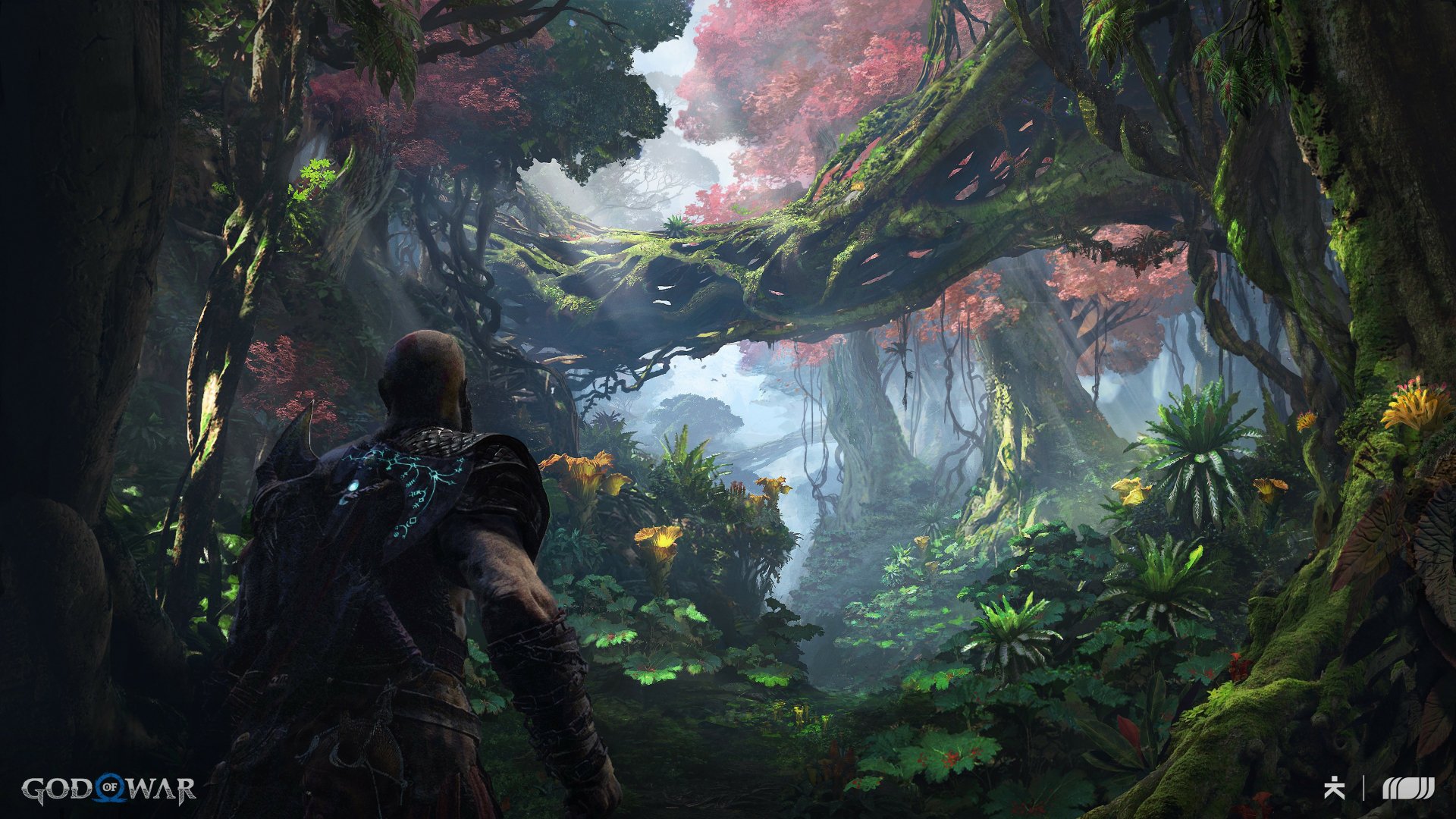 A 4K Ultra HD PC desktop wallpaper from the video game God of War: Ragnarök, featuring a dense, vibrant forest with two characters observing the lush environment.